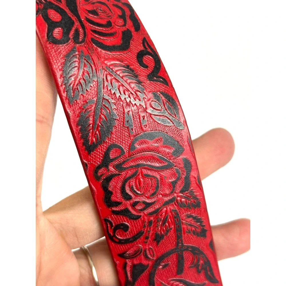 Red Floral Tooled Leather Belt Strap Only Black Rose Pattern M/L Women's Western